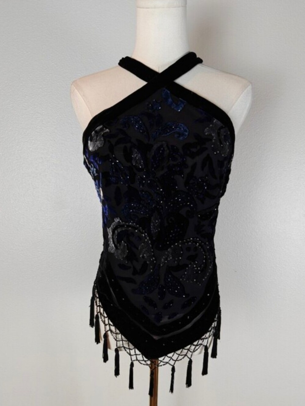 Y2K Black Silk Velvet Beaded Fairygoth Halter Top - Picture 6 of 7